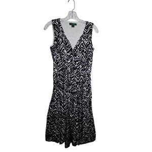Lauren Ralph Lauren Black White Cotton Dress Sleeveless Tie Waist Sz 4